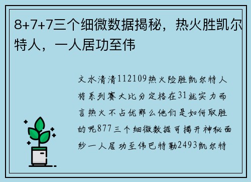 8+7+7三个细微数据揭秘，热火胜凯尔特人，一人居功至伟